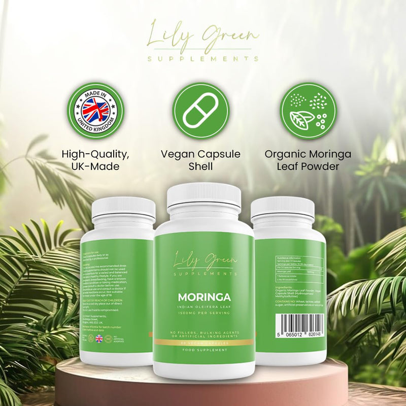 Lily Green Organic Moringa Capsules | High Strength Pure Moringa Supplement | No Artificial Additives | 90 Vegan Capsules | Made in UK
