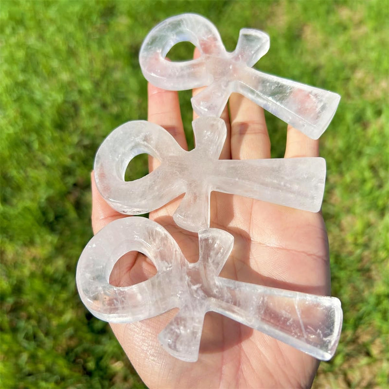4" Cross Crystal Worry Stones Natural Clear Crystal Ankh Cross Carved Rose Quartz ，Aventurine Crystal Skull Reiki Healing 1pc (Clear Crystal)