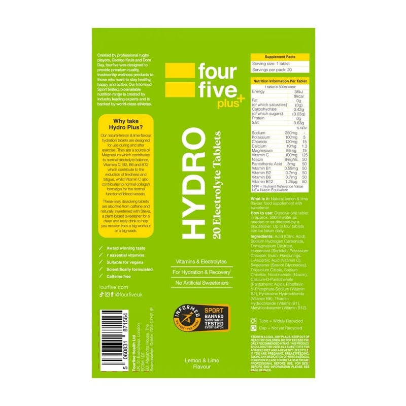 fourfive Hydration Tablets (Lemon&Lime) Low Calorie Vitamin Electrolytes, Vegan, Magnesium & Calcium, Sports Hydration - 3x20 Effervescent Tablets