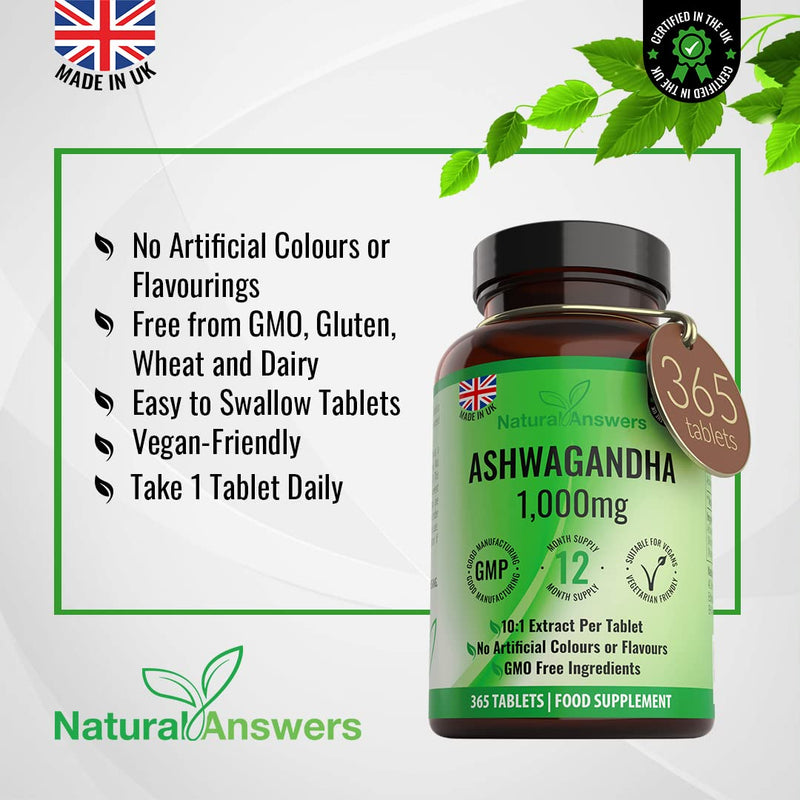 Natural Answers 365 x Ashwagandha 1000mg Per Tablet | 1 Year Supply of High Strength Vegan Tablets (Not Capsules or Pills) of Pure Powder UK Made Anxiety Relief