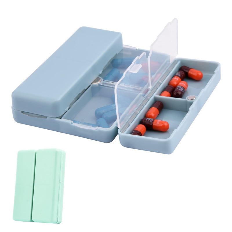 Xiaokeis 2 Pcs Pill Organizer, Travel Pill Organizer, Pocket Pharmacy with 7 Compartments Design, Magnetic Travel Pill Box Pill Dispenser, Portable Medicine Vitamin Holder Container(Blue+Green) Blue+green