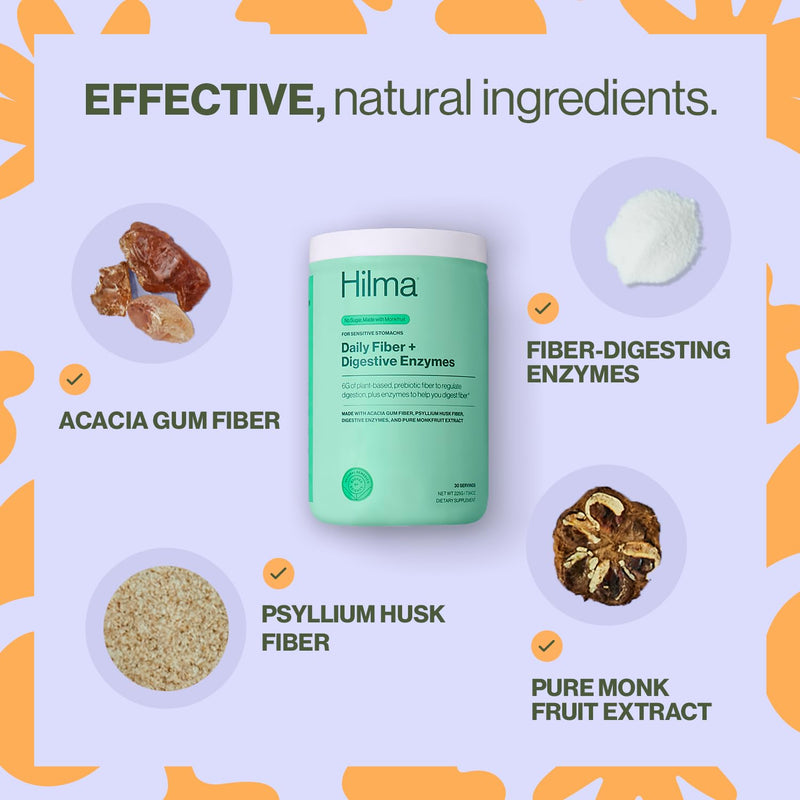 [Australia] - Hilma Daily Fiber and Digestive Enzymes, Fiber Supplement Powder with Prebiotics and Enzymes Formulated with Psyllium Husk and Acacia, Gluten Free, Vegan, FSA Eligible, Digestive Support, 30 Servings Powder - 30 Servings 