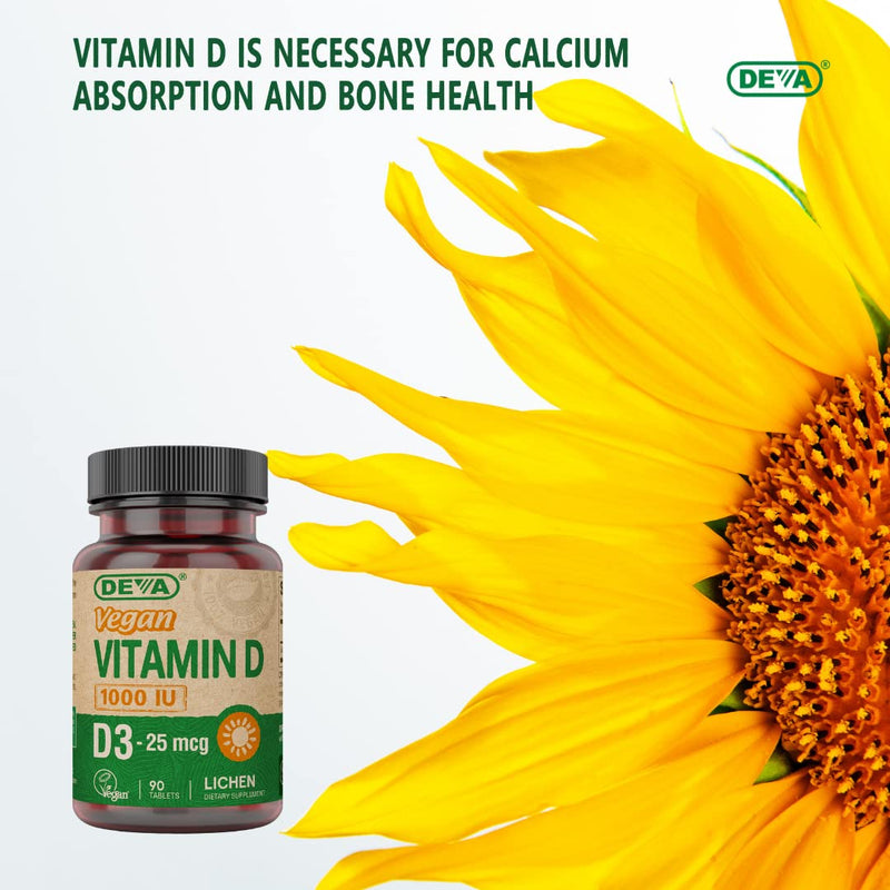 DEVA Vegan Vitamin D3 Supplement - Once-Per-Day Tablet with 1000 IU - Cholecalciferol - Lichen Plant Derived - 90 Small Tablets, 2-Pack 90 Count (Pack of 2)