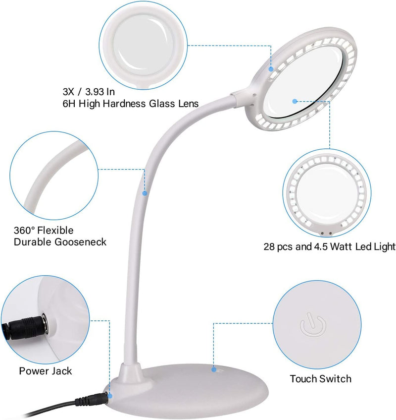 [Australia] - DUDSOEHO 3x Magnifying Glass with Light and Stand - Hand-free Touch Dimmable Magnifying Glass with LED Light for Work, Reading, Hobbies, Sewing, Crafts (White) White plugin 
