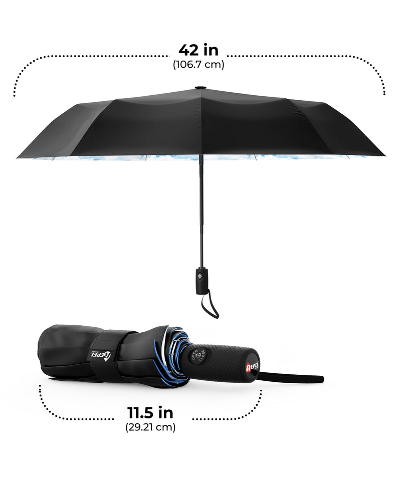 Windproof Travel Umbrella - Compact & Withstands Winds up to 100MPH, Strongest Premium Auto Folding Umbrella for Rain and Sun - Durable, Light & Portable for Women & Men, Fits Backpack & Cars Cloud Blue Standard