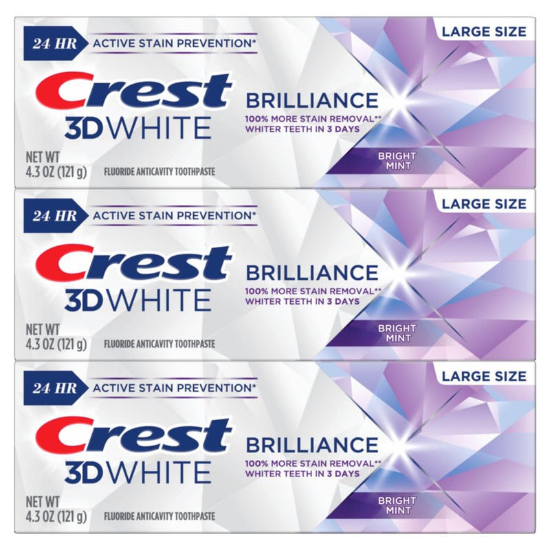 [Australia] - Crest 3D White Brilliance Bright Mint Teeth Whitening Toothpaste, 4.3 oz Pack of 3, 100% More Surface Stain Removal, 24 Hour Active Stain Prevention, Whiter Teeth in 3 Days 