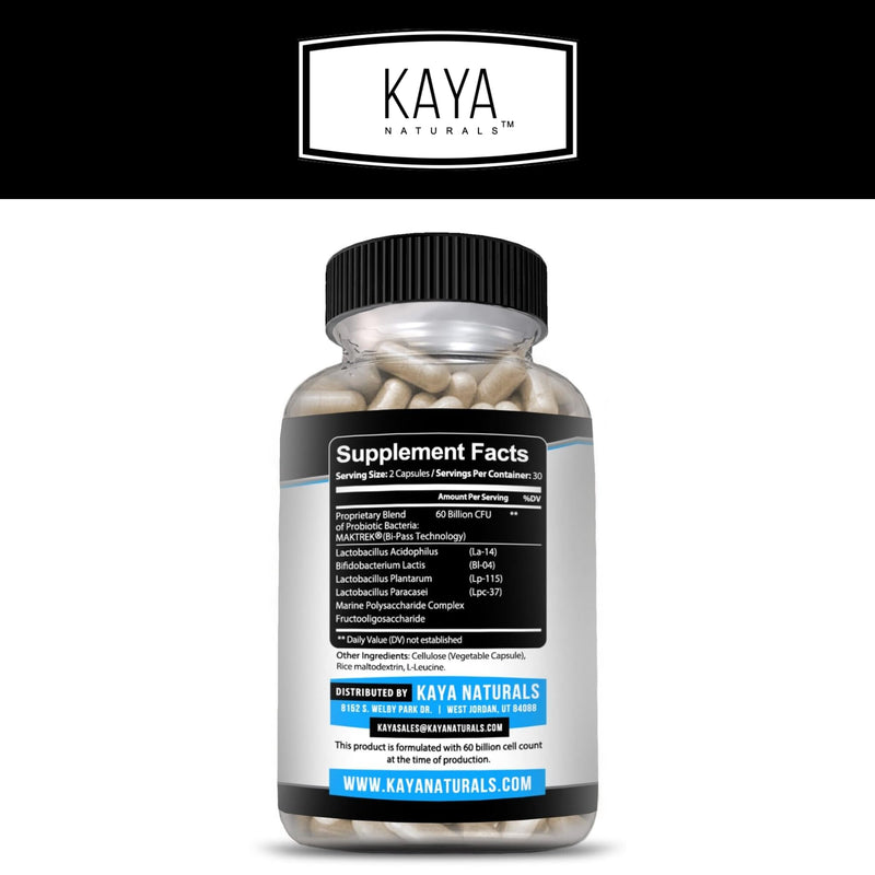 Kaya Naturals Probiotic 60 Billion CFU - Probiotics for Women, Probiotics for Men and Adults, Natural - Gut Health & Immune Support Supplement - Provides Digestive Support - 60 Vegetable Capsules 60 Count (Pack of 1)