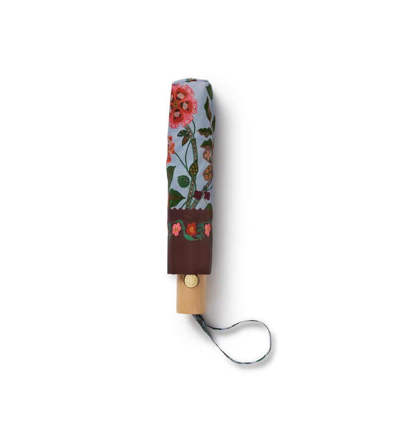 RIFLE PAPER CO. Gracie Umbrella with Matching Patterned Storage Sleeve | Automatic Open & Close Function, 43" Open Diameter, 11" Closed Length, Wooden Handle, Wrist Strap, Folds to Portable Size