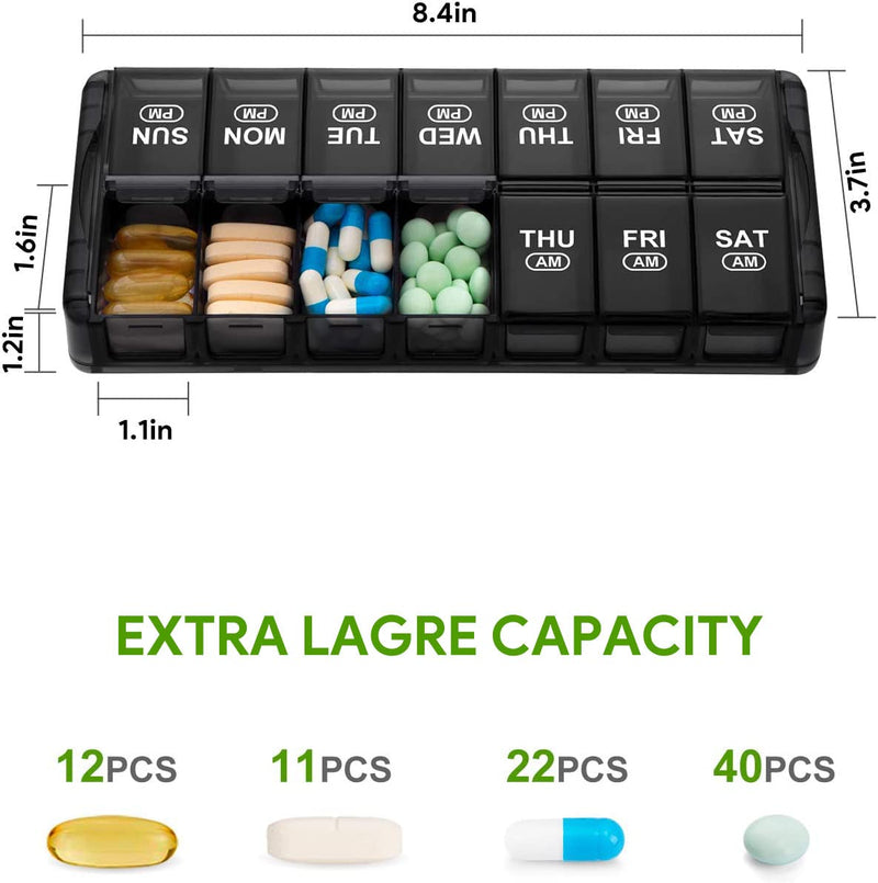 Sukuos Weekly Pill Organizer 7 Day 2 Times a Day, Quick Fill Daily Pill Box (AM PM), Extra Large Pill Cases for Vitamin/Fish Oil/Supplements, Arthritis Friendly, Easy to Clean Black