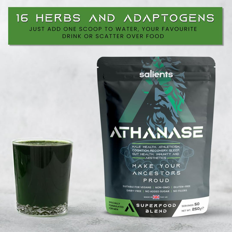 ATHANASE® | Men's Super Greens Powder | Superfood Powder Blend | Includes Maca Root, Guarana, Ashwagandha, Lions Mane (Whole Fruiting Body), Shilajit, Fenugreek & More | 250g UK 250 g (Pack of 1)