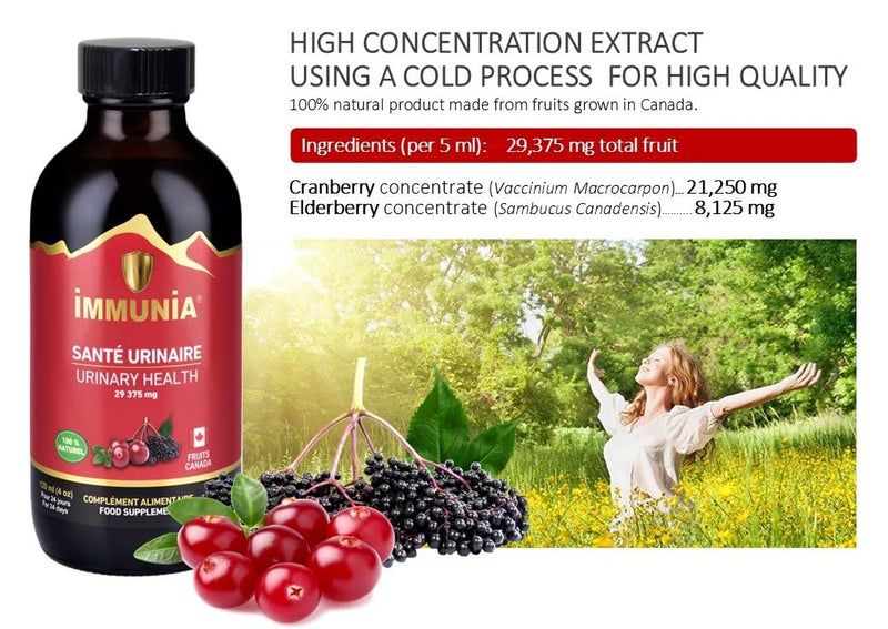 Urinary Health. Cranberry & Elderberry Concentrate. Fruits from Canada. Natural Antioxidant. Delicious Taste. 5 ml/Day 1 bottle