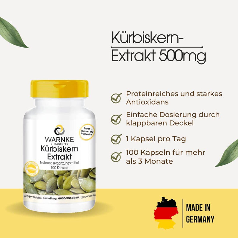 [Australia] - Pumpkin seed extract 500mg - 100 capsules - pumpkin seed plus vitamin E & selenium - high dosage | Warnke vital substances - German pharmacy quality 