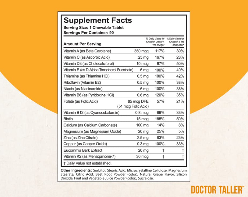 [Australia] - Doctor Taller Kids - Kids Multivitamins, Toddler Vitamins - Support Bone Strength, Enhanced Immunity with Calcium, Multivitamins for Ages 2 to 9 - Grape Flavor - 90 Vegan Chewable Tablets | 1 Pack 