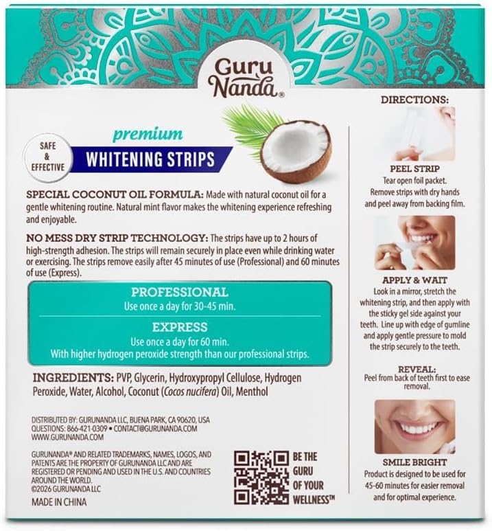 GuruNanda Teeth Whitening Strips Kit - 30-Day Treatment with Non-Slip, Dry Strip Technology - Whitening Designed with Care for a Brighter Smile 60 Count (Pack of 1)