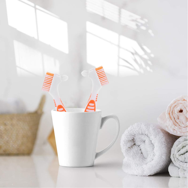 Healifty Toothbrush Cleaning Tools 4-Piece Double-Sided Denture Brush Set Multi-Layered Bristles for Effective Fake Teeth and Oral Care 6.5X1.6 Inches Orange