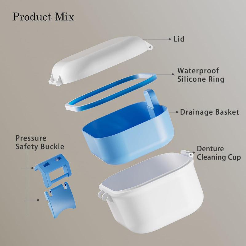 BVN Leak-Proof Denture Case, Denture Cup for Soaking Dentures, Retainer Cleaning Case Bule and White Denture Case White Case and Bule