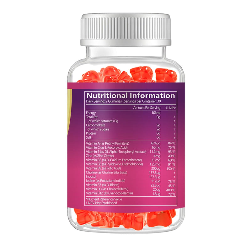 Multivitamin Gummies for Women & Men - 13 Ingredients -60 Gummies - 1 Months Supply - Natural Strawberry Flavour - Vitamins & Minerals Like VIT C, D3, B6, B7, B12 & Zinc -for Adult