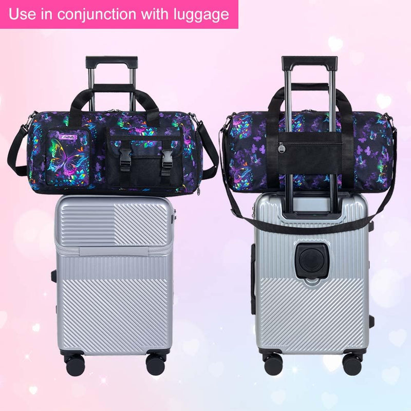 Girls Travel Duffle Bag for Girls 18 Inch, Water-Resistant Sports Bag with Separate Shoe Compartment for Gym, School, Overnight Trips, Camping & Sleepovers, Black Butterfly Girls Travel Duffle Bag - Black Butterfly