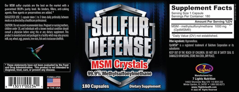 [Australia] - Sulfur Defense Opti-MSM 99.9% Pure MSM Powder Capsules, Made in USA, Organic Methylsulfonylmethane, non-GMO, Gluten-Free, Immune System Booster, Soothes Joint Pain, Younger Skin, Hair, Nails, 180 caps 1 Count (Pack of 180) 