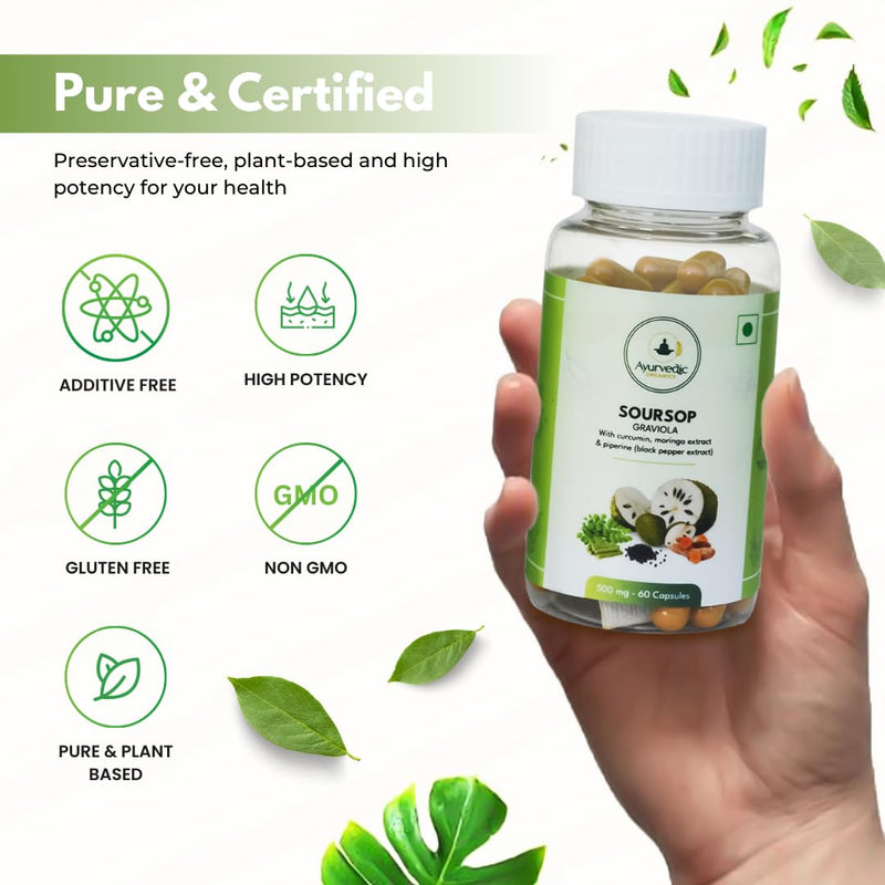 Soursop 500mg Capsules with Curcumin, Moringa & Black Pepper – 60 Graviola Capsules | High in Vitamic C and Flavonoids, Antioxidant Plant Based Herbal Supplement for Immune Support