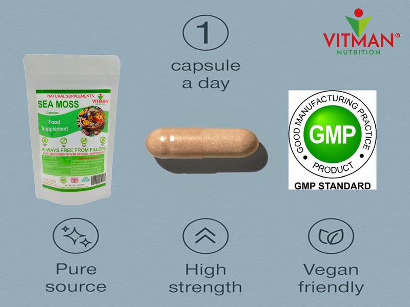 Sea Moss Capsules x60, High Strength, Natural Irish Sea Moss Supplement, Rich in Minerals & Iodine, Gluten Free, Sugar Free, GMO Free, Vegan