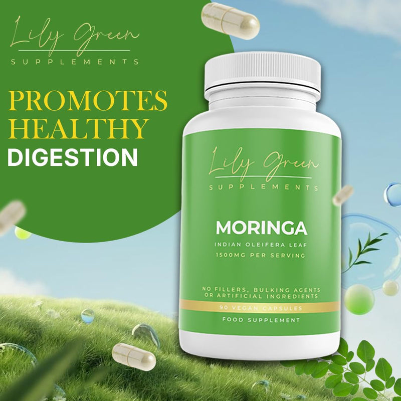 Lily Green Organic Moringa Capsules | High Strength Pure Moringa Supplement | No Artificial Additives | 90 Vegan Capsules | Made in UK