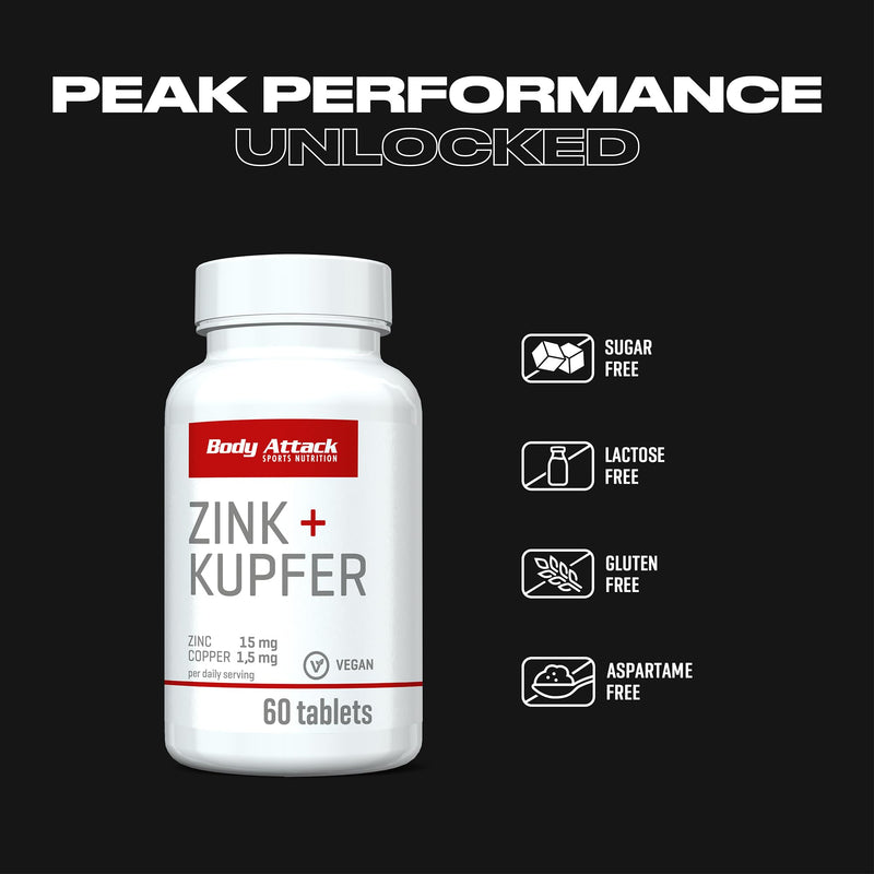 [Australia] - Body Attack Zinc + Copper 60 capsules / 60 portions, high-dose micronutrients, 15mg zinc & 1.5mg copper, high-quality purity, coordinated ingredients, vegan, Made in Germany 