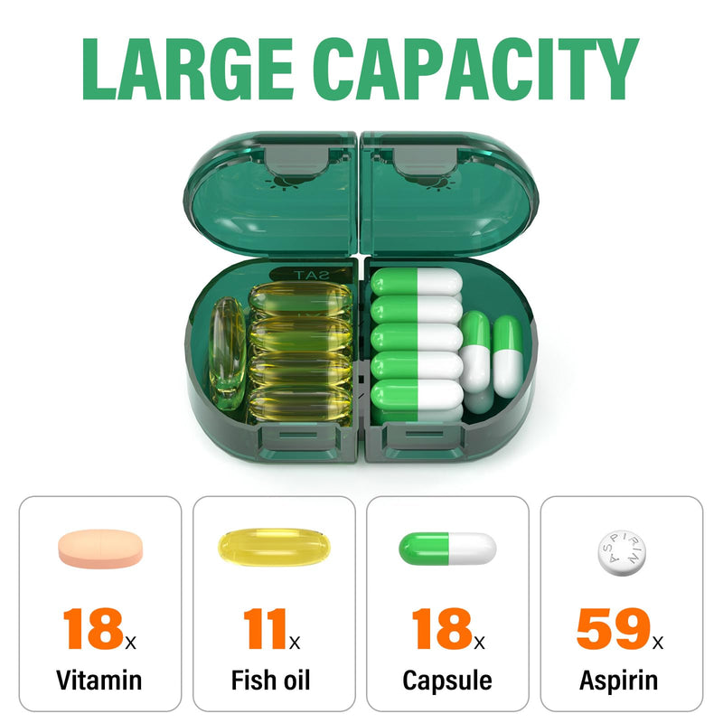 Weekly Pill Organizer 2 Times a Day, Moisture-Proof, Detachable Compartments, AM PM Pill Box 2X 7 Day, Travel Pill Organizer for Pills/Fish Oil/Medication/Vitamin/Supplements (Dark Green) Dark Green 2 Times x 7 Days