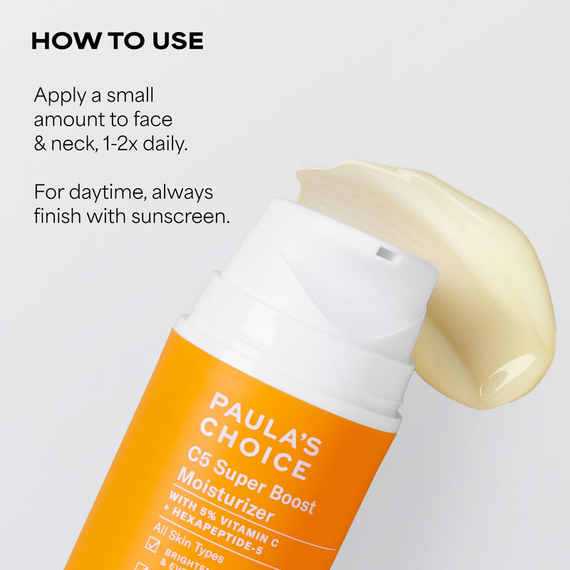 Paula's Choice C5 Super Boost Face Moisturizer with 5% Vitamin C | Daily Face Lotion with Squalane for Discoloration, Uneven Tone, Fine Lines & Breakout-Prone Skin, Fragrance-Free 1.7 Fl Oz (Pack of 1)