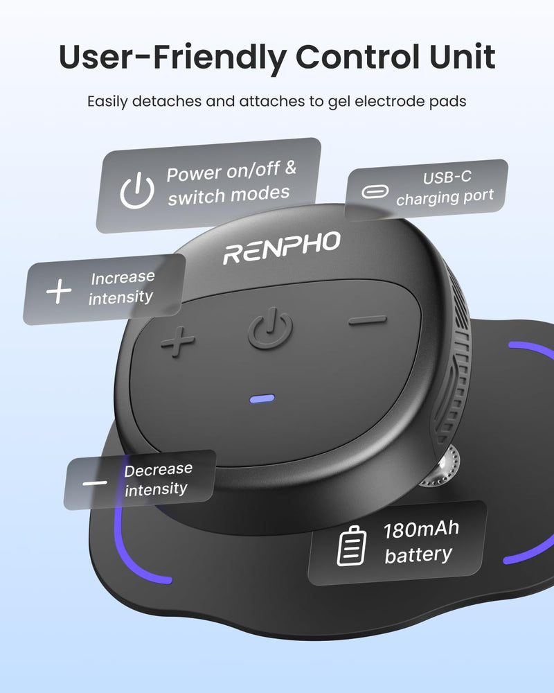 RENPHO Wireless TENS Unit Muscle Stimulator, Portable EMS Machine | 6 Modes, 20 Intensities, 4 Gel Electrode Pads, Pocket-Sized, USB-C Rechargeable, For Shoulders, Back, Wrists, Knees, Legs Black