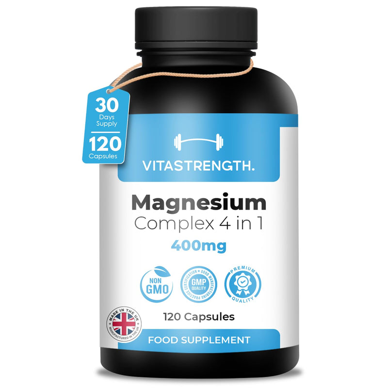 Magnesium Supplement 4 in 1 – 120 Capsules, 400mg Daily Dose-with Magnesium Bisglycinate,Citrate,Malate & Carbonate-Essential Mineral Complex for General Well-Being & Daily Support by VITASTRENGTH.