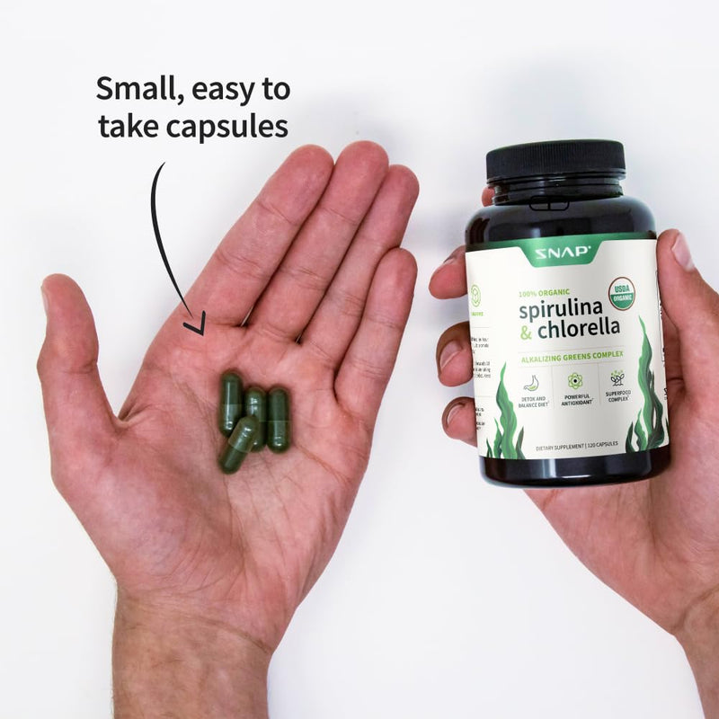 [Australia] - Snap Supplements USDA Organic Spirulina Chlorella Capsules - Green Superfoods for Natural Energy and Metabolic Health, 120 Capsules 