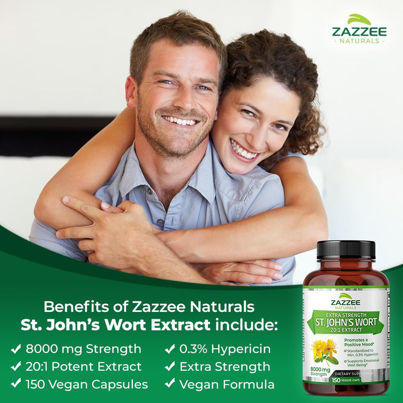 [Australia] - Zazzee Extra Strength St. John’s Wort 20:1 Extract, 8000 mg Strength, 0.3% Hypericin, 150 Vegan Capsules, 5 Month Supply, Concentrated, Standardized 20X Extract, 100% Vegetarian, Non-GMO, All-Natural 
