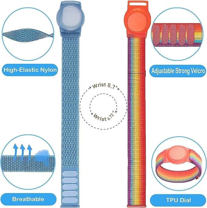 [Australia] - Kids Wristband Compatible with Apple AirTag, Protective Case for Air Tag GPS Tracker Holder with Nylon Bracelet, Adjustable Anti Lost Watch Band for Toddler Child Elder(RainbowB&Blue) Rainbow B & Blue 