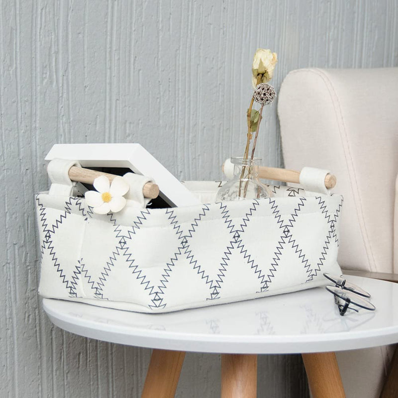 [Australia] - Decorative Collapsible Rectangular Fabric Storage Bin Organizer Basket with Wooden Handles for Clothes Storage, 11"×7.1"×3.9", White 11×6.7×3.5 inch 
