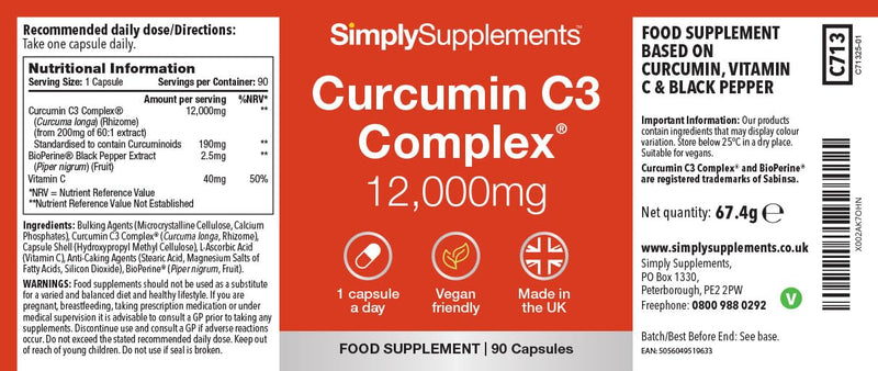 Curcumin C3 Complex 12,000mg with Bioperine & Vitamin C | 190mg Curcuminoids | High-Strength Turmeric Extract | Vegan & Vegetarian Friendly | 90 Capsules | UK-Made, GMP Certified Unflavoured 1 count (Pack of 90)
