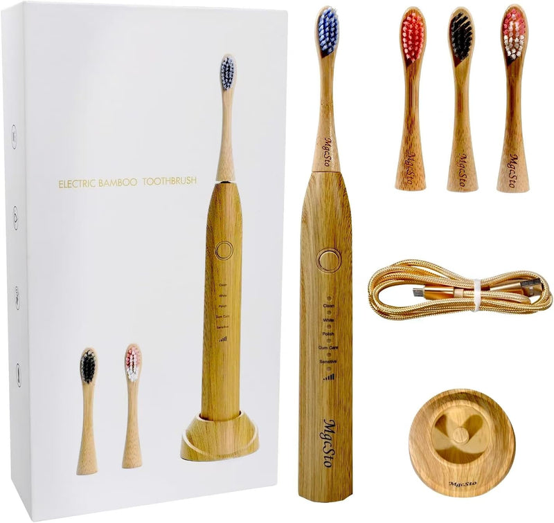 [Australia] - Electric Bamboo Toothbrush Sonic Toothbrush - 4 Replaceable Bamboo Brush Heads Eco-Friendly IPX7 Waterproof Electric Toothbrush, One-Button Switch Five-Mode Brushing 