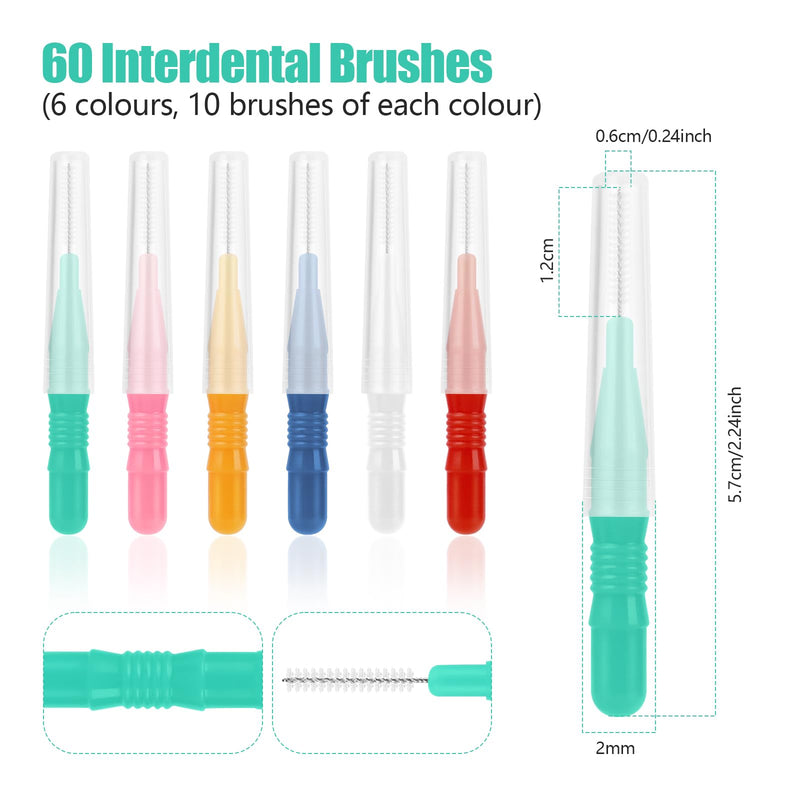 [Australia] - Pack of 60 interdental brushes, interdental brushes, 5 colors, tooth cleaning between spaces, reusable, interdental brushes for cleaning in between maintaining oral health 