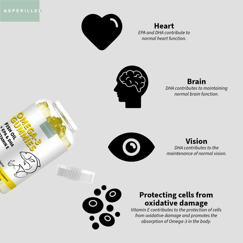 Omega 3 Gummies Adult Lemon Flavour with Vitamin E - Wild Fish Oil High Strength Omega 3 Fatty Acids, EPA & DHA - Supports Heart, Brain and Vision - No Fishy Taste, Gluten-Free, Non-GMO, 60 Gummies