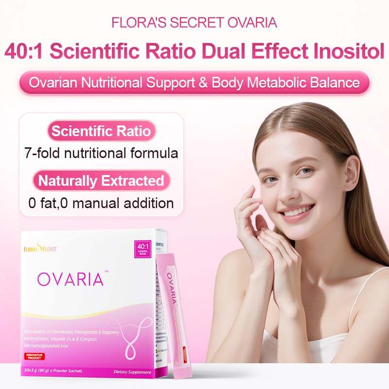 Flora Secret Ovaria Dietary Supplement, Myo-Inositol & D-Chiro-Inositol 40:1 Blend, Methylfolate, Vitamin D3, B Complex, Iron, 30 Powder Sachets