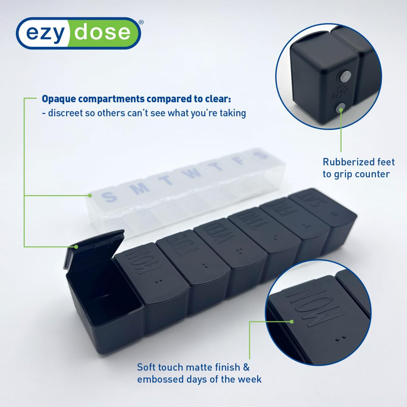 Ezy Dose Weekly (7-Day) Pill Organizer, Medicine Planner, Black & Cream | Daily Vitamin & Supplement Medicine Case, Pop Up Compartments, Embossed Matte Design, Travel-Friendly, BPA-Free, 2-Pack Cream & Black