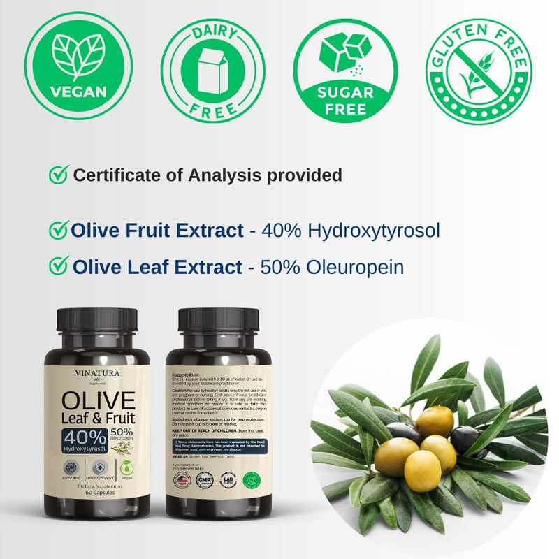 [Australia] - Hydroxytyrosol Supplement, Olive Leaf Extract - 40% Hydroxytyrosol Olive Fruit Extract, 50% Oleuropein Olive Leaf Extract Capsules - 60 Capsules 