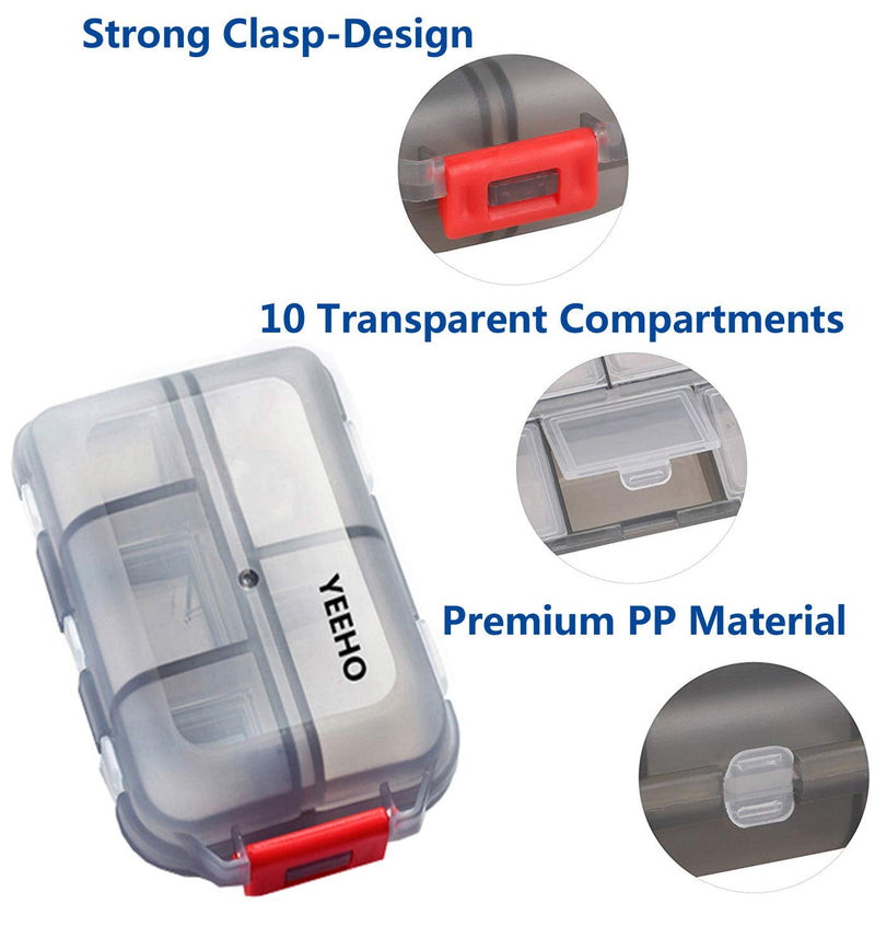 Pill Case - Portable Supplements Tablet Container Box with 10 Compartments - Medicine Capsule Vitamin Foldable Organizer Dispenser Holder Storage for Travel Trip Pocket Purse - Clear Black Translucent Black