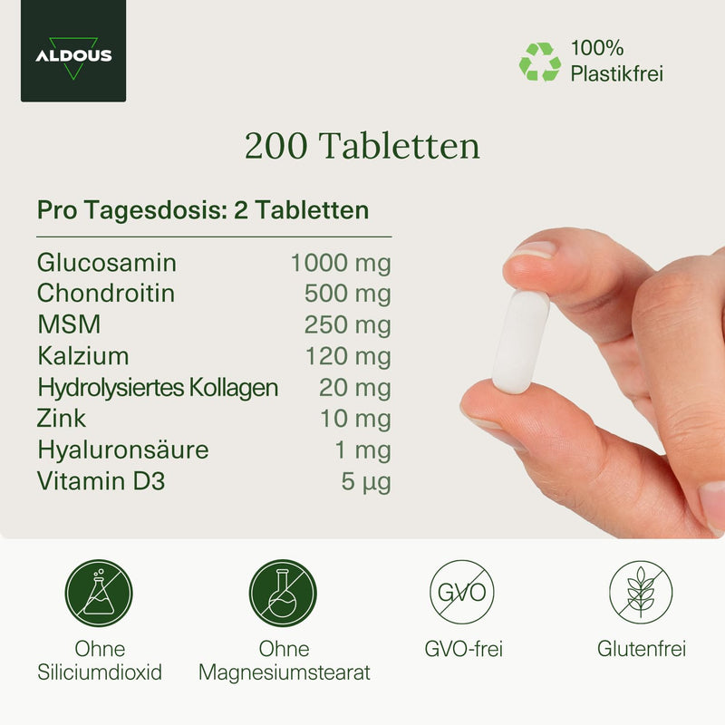 [Australia] - Glucosamine Chondroitin High Dose - 200 Tablets XL - MSM, Collagen, Hyaluronic Acid, Zinc, Calcium and Vitamin D3 - Natural Anti-Inflammation - For Bones and Joints - Plastic-Free 