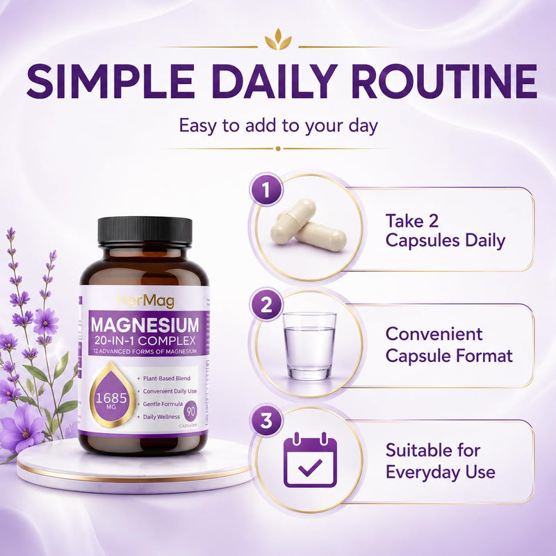 HerMag 20-in-1 Magnesium Complex, 12 Forms of Magnesium with Vitamin B6, Zinc & Nutrient Blend, Daily Wellness Supplement, 90 Capsules