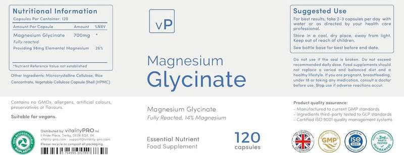 vP Vitality Pro Magnesium Glycinate Supplement, 120 Capsules | 700 mg per Capsule, 98 mg Elemental Magnesium, High Absorption, Unbuffered, Fully Reacted, For Relaxation & Sleep