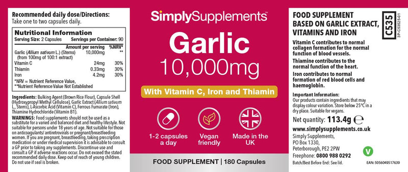 High-Strength Garlic Capsules | Supports Heart, Normal Blood Circulation & Immune Health | with Vitamin C, Iron & Thiamine | Vegan Friendly | 180 Capsules = 3 Months’ Supply | UK Made Unflavoured 180 count (Pack of 1)