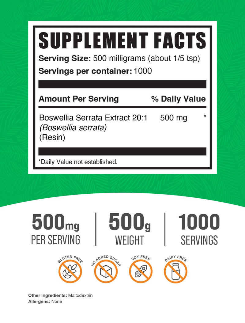 BulkSupplements.com Boswellia Serrata Extract Powder - from Frankincense Resin, Boswellia Serrata Powder - Herbal Supplement, Gluten Free, 500mg per Serving, 500g (1.1 lbs) (Pack of 1) 1.1 Pound (Pack of 1)