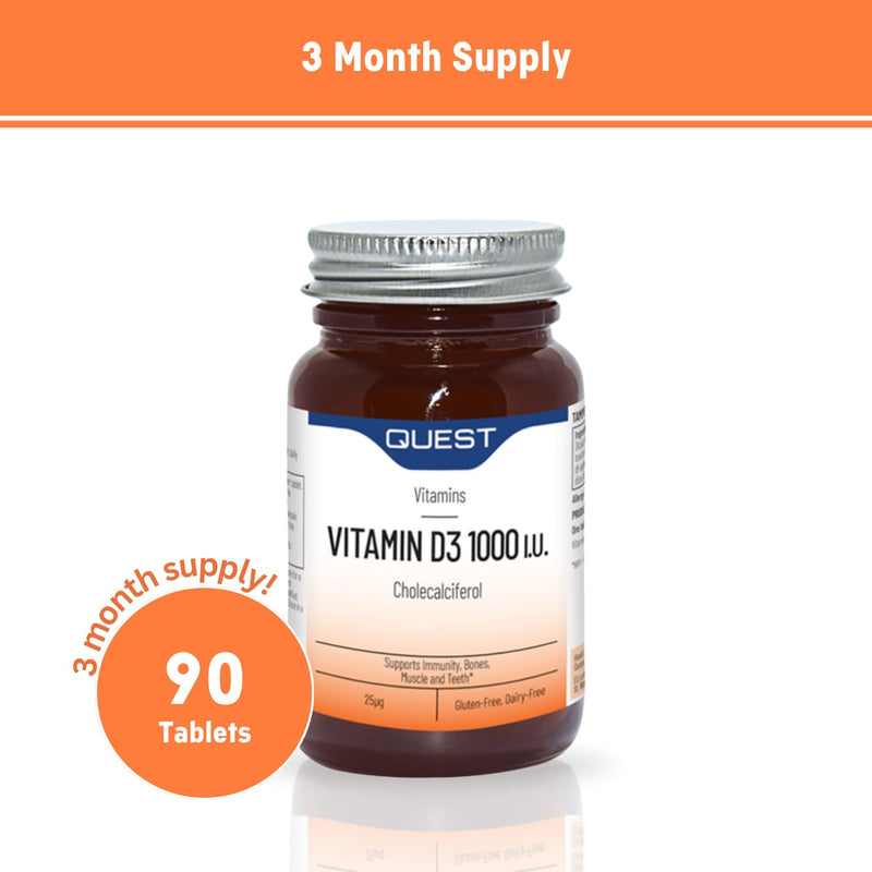 Quest - Vitamin D3 1000i.u High Strength VIT D Supplements Tablets. Easy to Swallow One A Day D3 Vitamin for Immune System, Healthy Bones, Teeth and Muscles (90 Tablets) 1 count (Pack of 90)