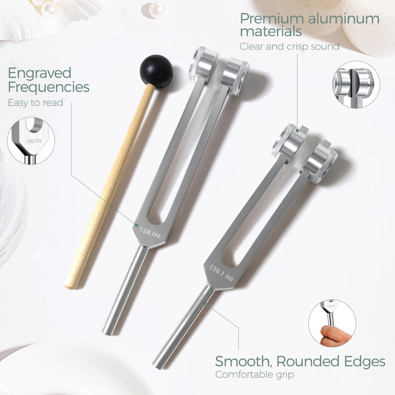 Tuning Forks for Healing Set, 128Hz 136.1Hz 432Hz 528Hz Sound Kit | Weighted and Unweighted Tuning Forks with Activator and Pouch for Meditation, Yoga, Sound Practice and Relaxation